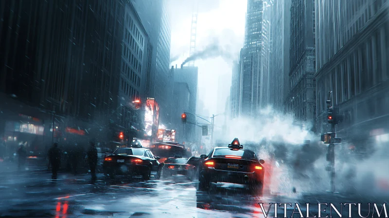 Storm-lashed downtown avenue with cinematic taxi convoy.