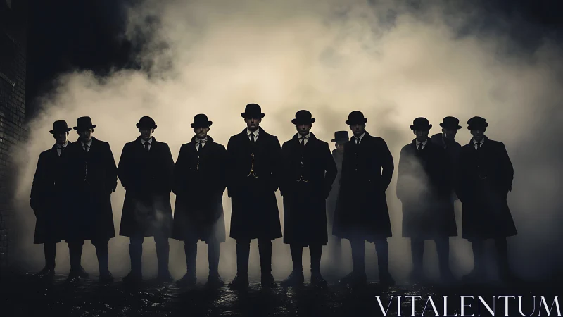 Silhouetted men in vintage suits standing in dense fog.
