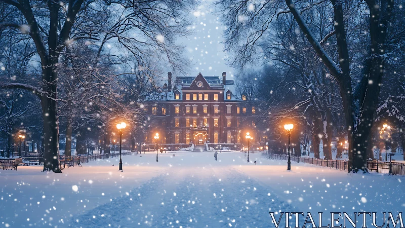 Snow covered park path leading to illuminated brick building.