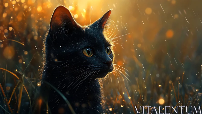 Black Feline with Luminous Amber Eyes in Bokeh-Rendered Golden Rainfall Scene