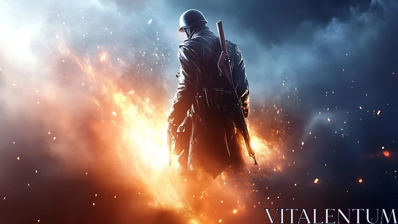 Backlit soldier silhouette in fiery battlefield environment.