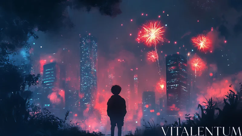 Silhouette child viewing neon city fireworks in misty night.