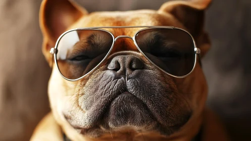 Close-up portrait of bulldog wearing reflective sunglasses.