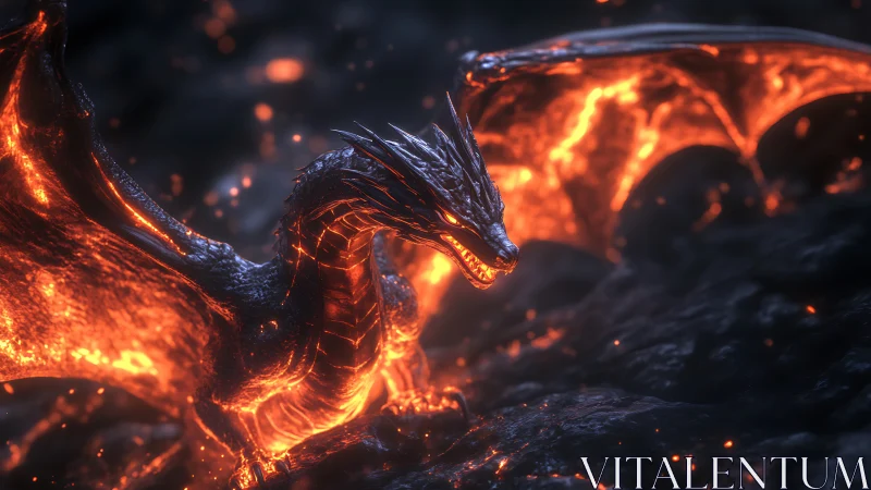 Molten lava dragon over blackened volcanic ground. Period.