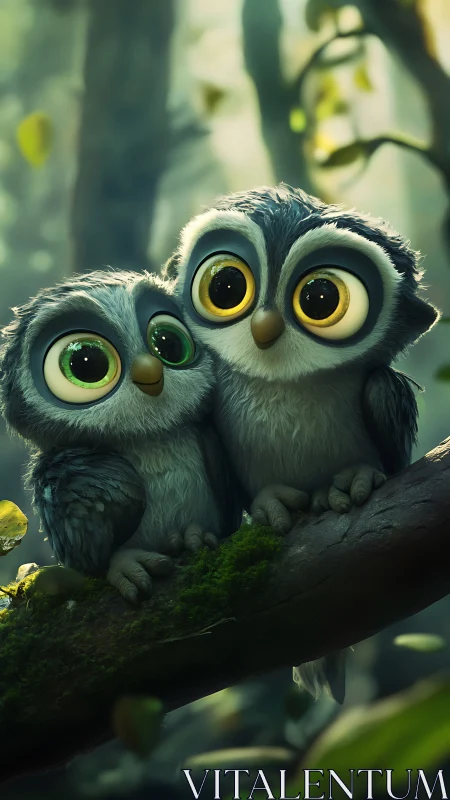 Digital painting of two wide-eyed owlets on mossy branch.