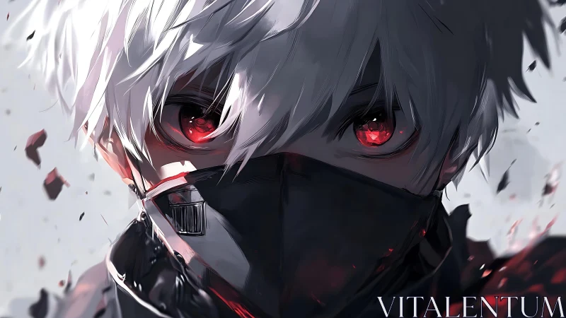 Masked white haired fighter stares forward with glowing eyes