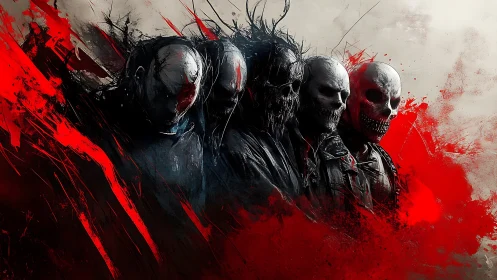 Row of skeletal figures in red and black abstract haze.