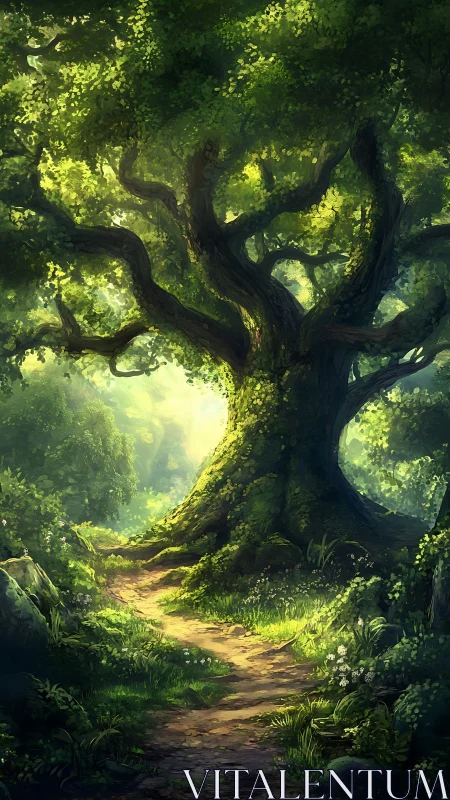 Ancient forest canopy demonstrates advanced volumetric light rendering through gnarled trunk.