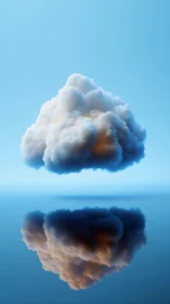 Floating dreamlike cloud resting above a tranquil mirror sea.