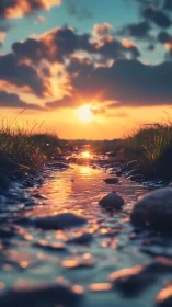 Golden creek sunset where quiet water meets skyfire.