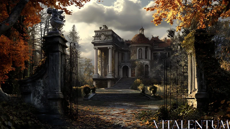 Autumn palace courtyard under dramatic storm clouds