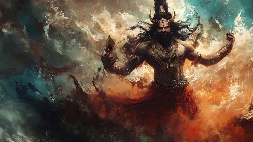 Horned mythic warrior in turbulent abstract environment.