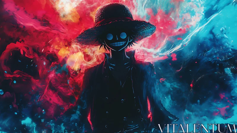 Silhouetted straw-hatted figure amid bifurcated nebula storm