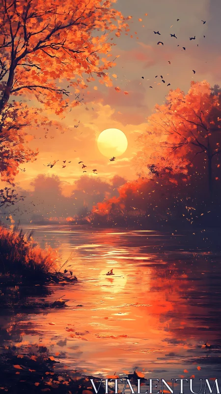 Autumn river sunset with glowing reflections and birds in flight.