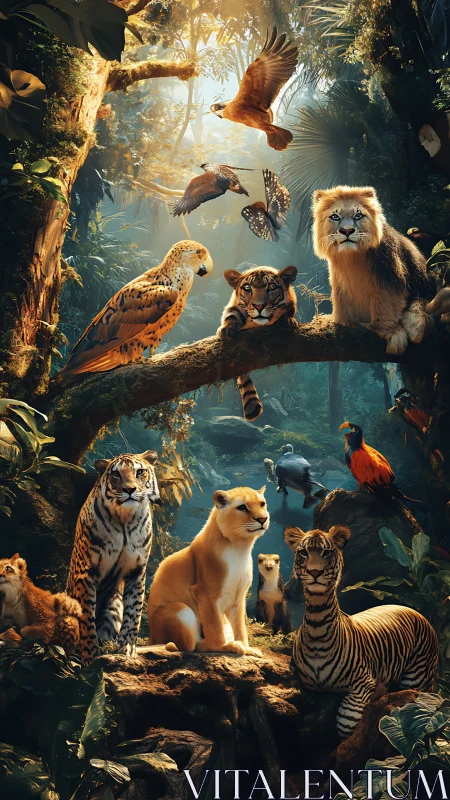 Jungle Predators Converge: Golden Forest Wildlife Ensemble.