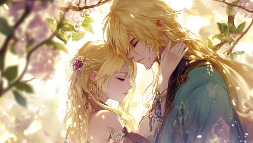 Golden-Haired Couple Under Cherry Blossoms.