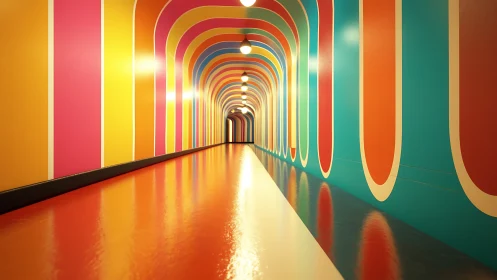 Colorful modern hallway with curved striped tunnel walls.