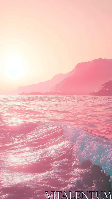 Pink ocean wave rolls toward shore beneath glowing sun