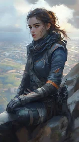 Solitary scout overlooking misty valley from cliff edge.