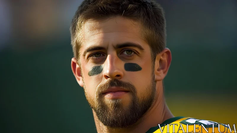 Gridiron gaze under stadium sun, bearded warrior ready.