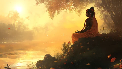 Meditative figure in orange robes by misty riverside at dawn.