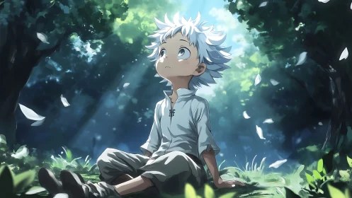 White haired anime boy sits in forest under soft light.