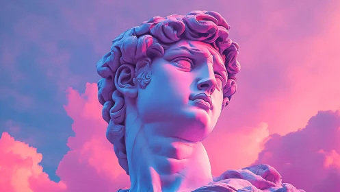 Neon-drenched marble hero gazes through candy floss skies.
