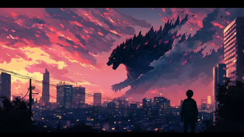 Giant monster silhouette traverses sunset city skyline