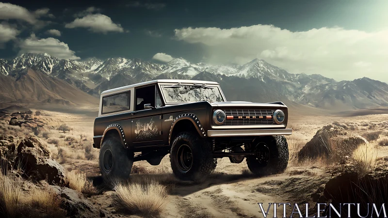 Classic off-road SUV in rugged high desert landscape.
