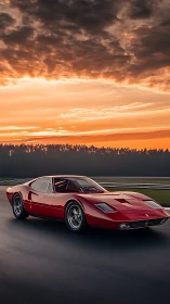 Red classic sports coupe on track under layered sunset sky.