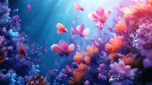 Ethereal Floating Flowers in Deep Blue Dreamscape.