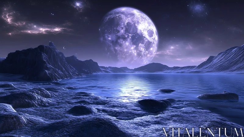 Lunar-dominated exoplanet shoreline under bioluminescent sky.