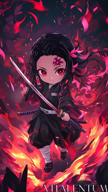 Fierce chibi swordsman steps through swirling crimson flames