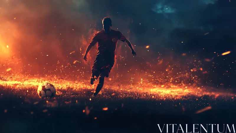 Soccer player sprints through blazing field under storm sky