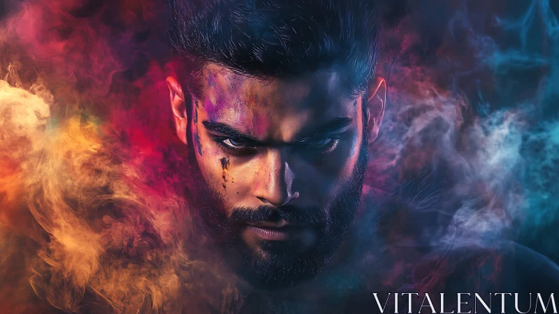 Storm-eyed warrior emerges from neon smoke and painted fury