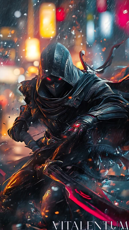 Hooded cyber ninja with glowing sword in rainy city streets.