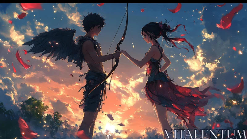 Winged archer and girl in red suspended at sunset sky.