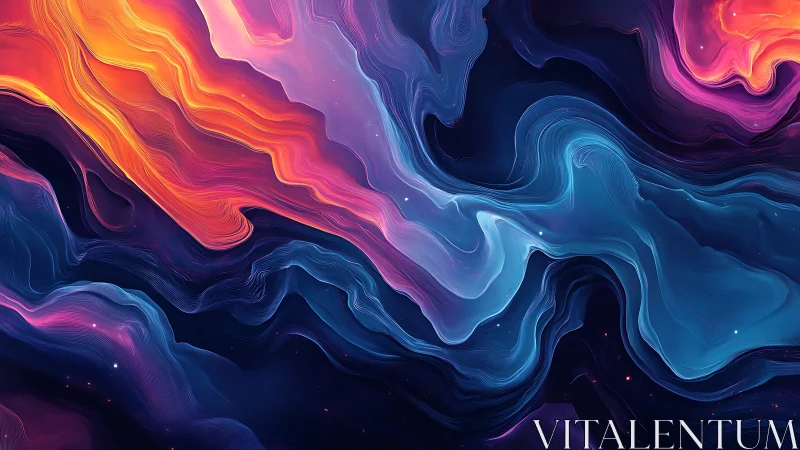 Flowing neon waves drift through a cosmic abstract void