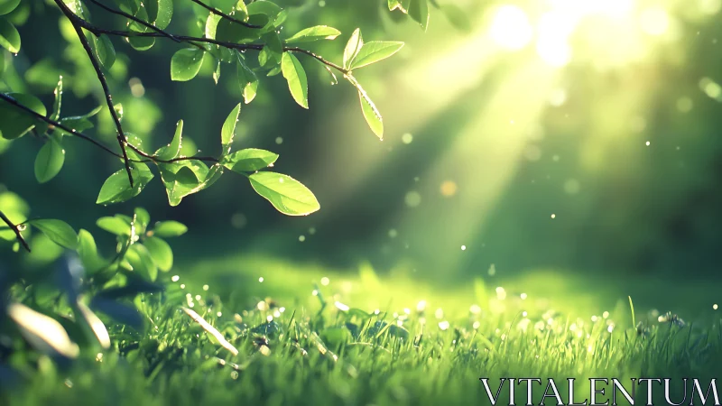Sunlit Green Leaves and Grass in Serene Morning Nature Scene.