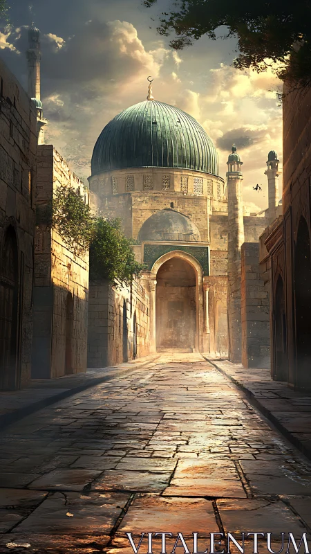 Golden hour illuminates domed mosque in narrow stone alley