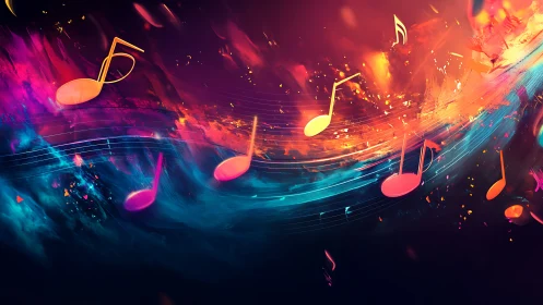 Color gradients intersect with floating music note symbols