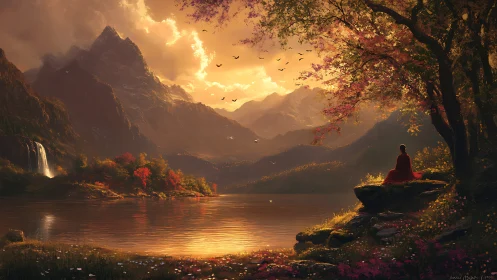 Meditative figure overlooking luminous autumn alpine lake.