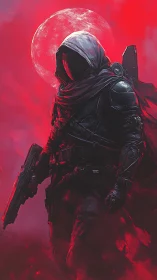 Hooded cybernetic operative advances under a blood-red moon