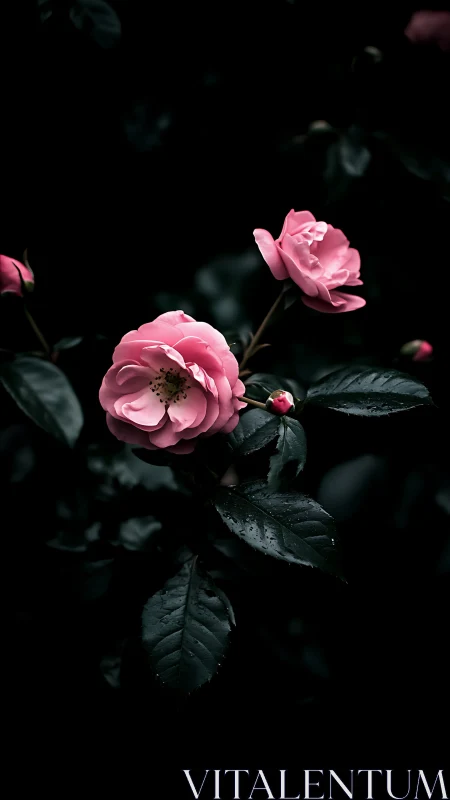 Pink Roses Glowing Against Midnight Shadows.