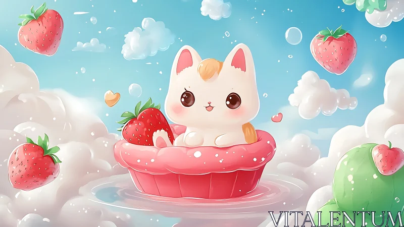 Whimsical Cat in Strawberry Bowl Among Clouds.
