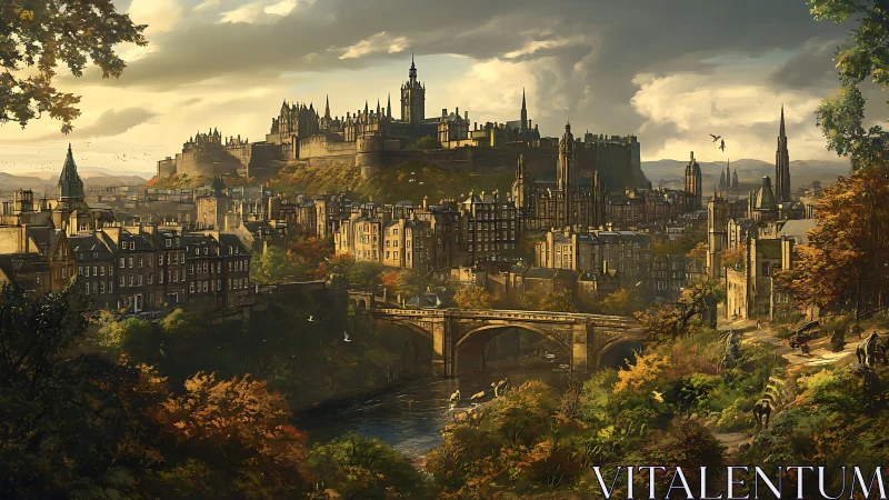 Autumn sunlight washes over a grand hilltop fantasy cityscape.
