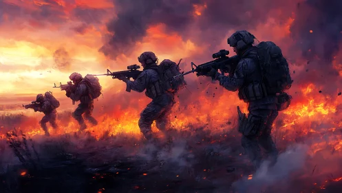 Tactical Infantry Unit Advancing Through Inferno Combat Zone.