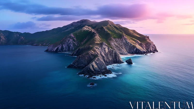 Volcanic island peninsula at sunset with turquoise coastal waters