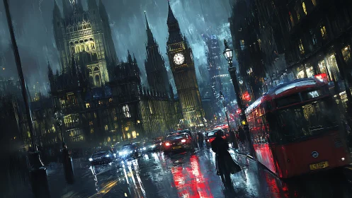Digital painting of rain-soaked neo-noir London streetscape.