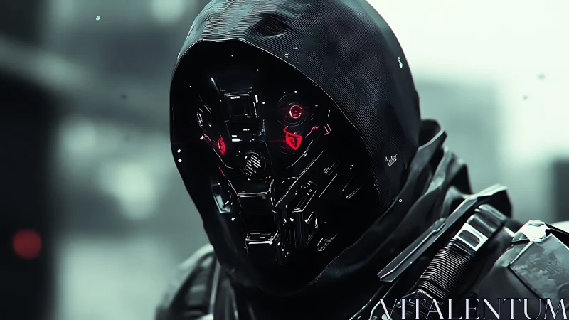 Midnight cyber reaper watches the city through crimson eyes